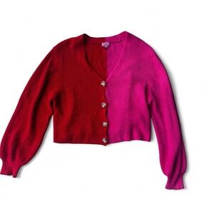 Two-Tone Red and Pink Cardigan Sweater